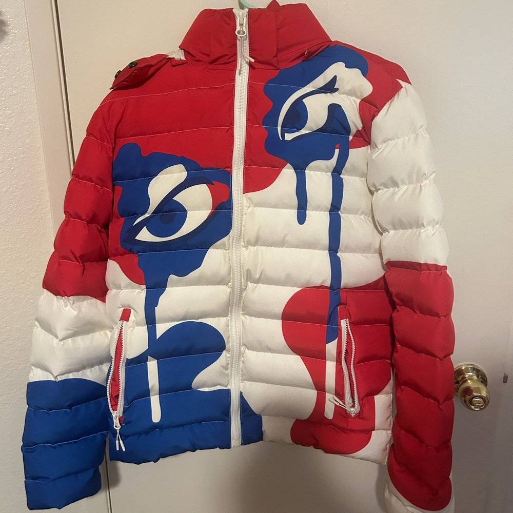 Red, white, and blue puffer jacket